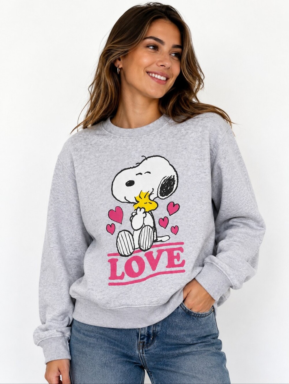 Peanuts Snoopy Love Gray Crewneck Sweatshirt XS Pink Hearts Woodstock